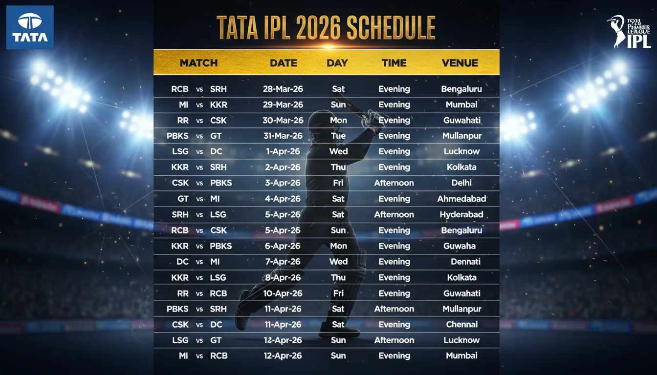 Full match schedule of IPL 2026 Phase 1 with teams, dates, venues and opening match RCB vs SRH.