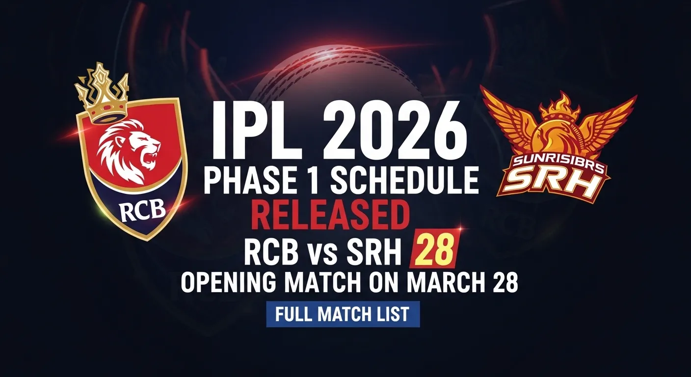 IPL 2026 Phase 1 schedule showing match dates, teams, venues and opening match between RCB and SRH on March 28.