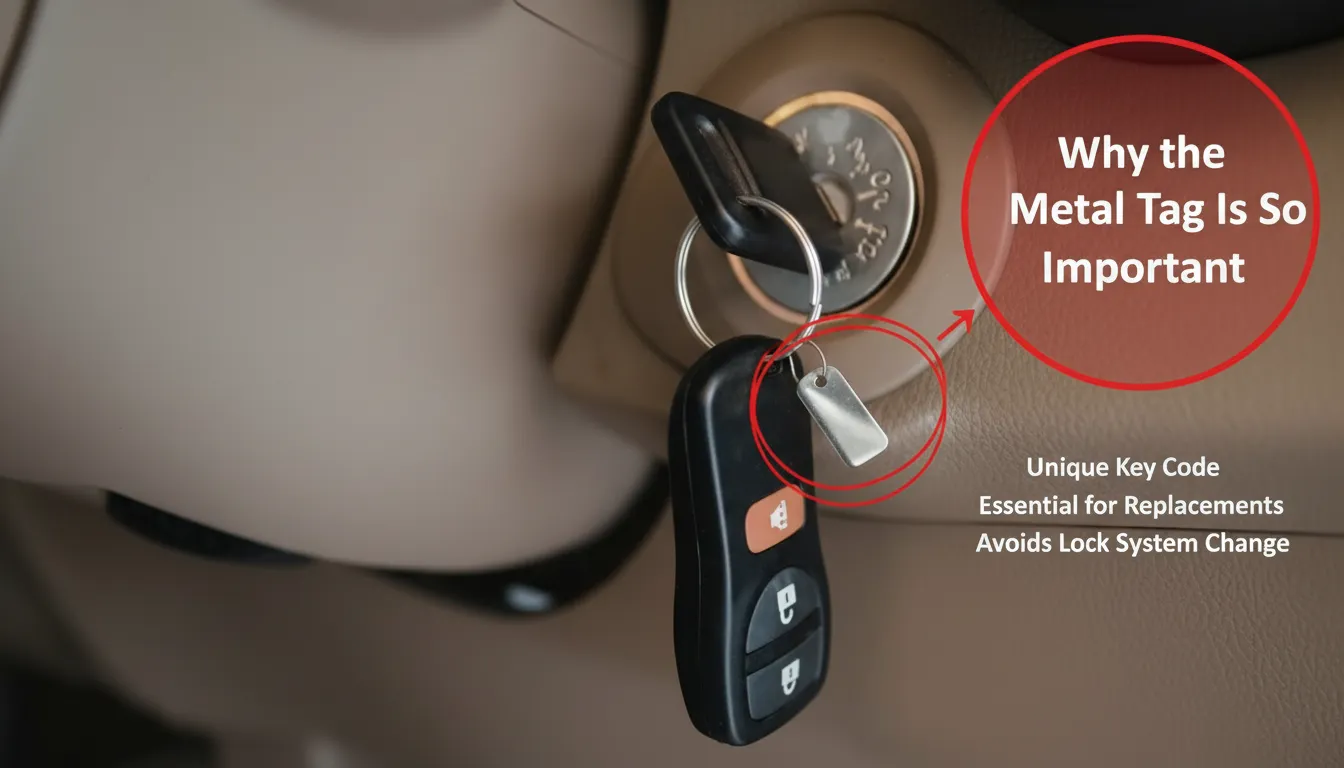 Car key with metal tag showing key code number
