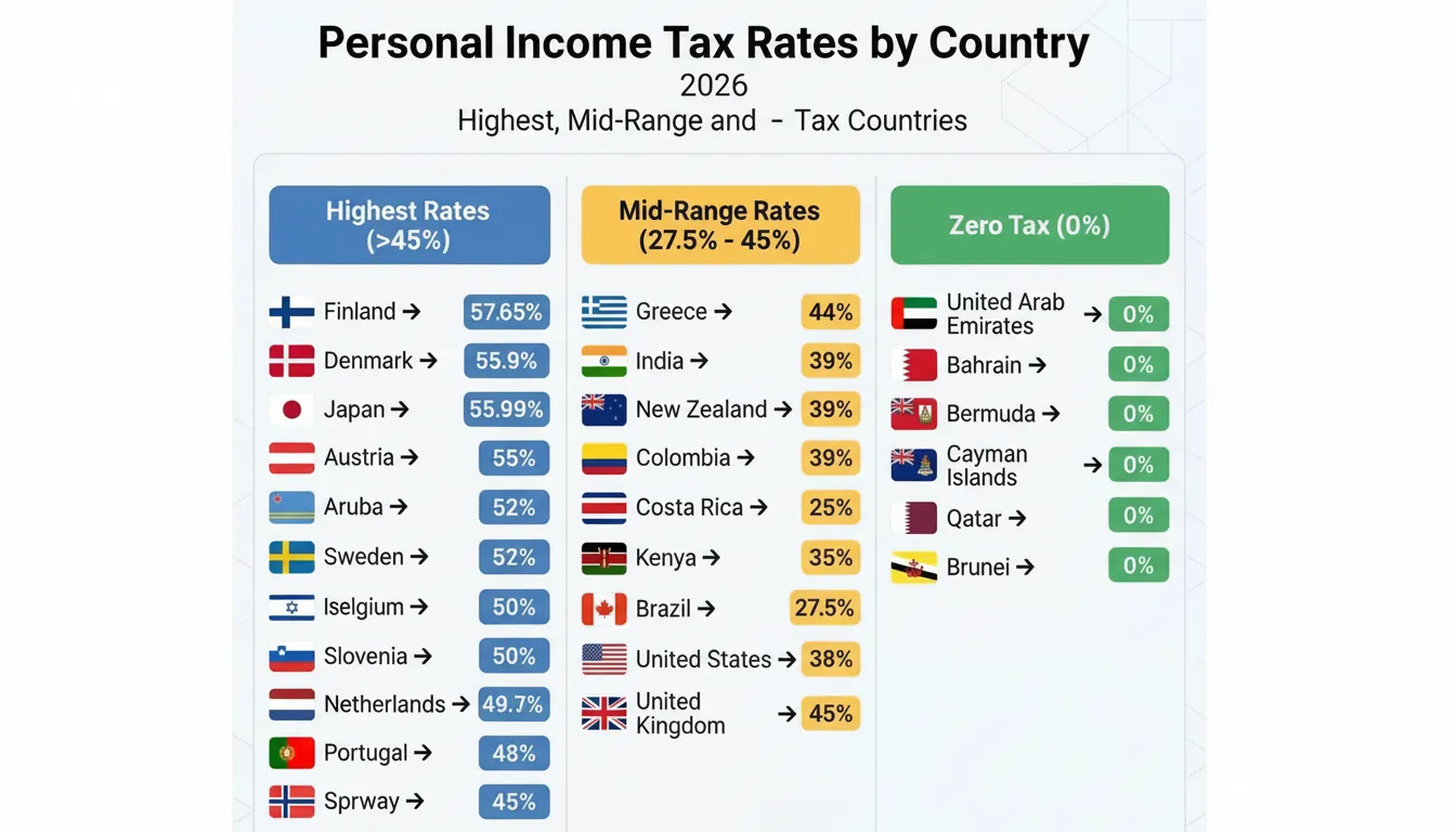 Personal Income Tax Rates by Country 2026 Personal income tax rates by country comparison chart showing highest tax countries, mid-range tax nations, and zero income tax countries worldwide.