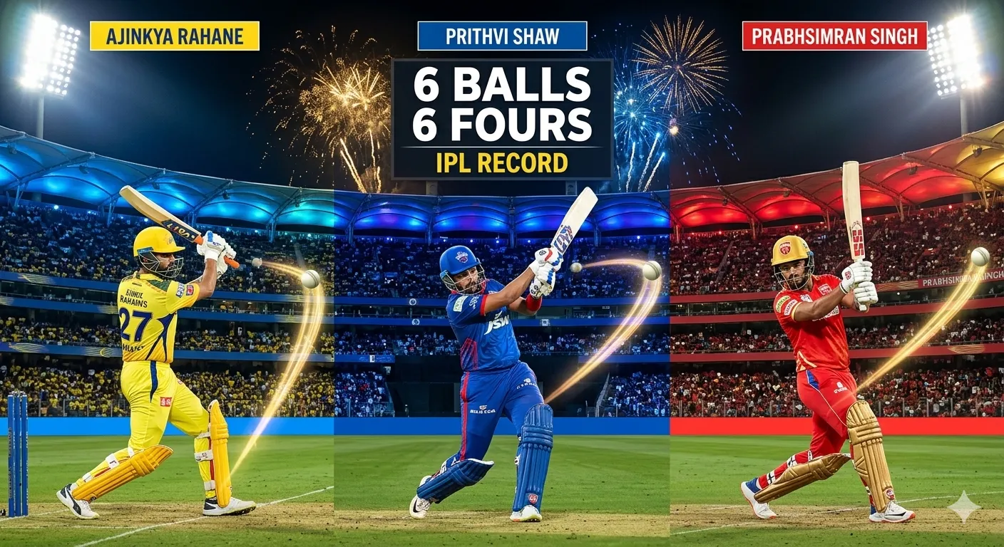 IPL में एक ओवर में 6 चौके लगाने वाले खिलाड़ी Ajinkya Rahane, Prithvi Shaw और Prabhsimran Singh का action सीन