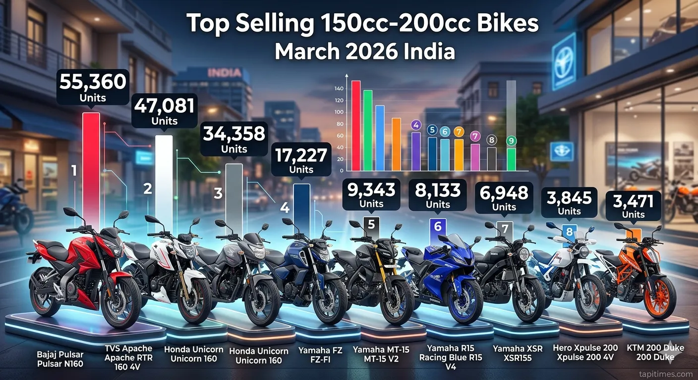 March 2026 India 150cc to 200cc bike sales Pulsar Apache Yamaha top selling motorcycles