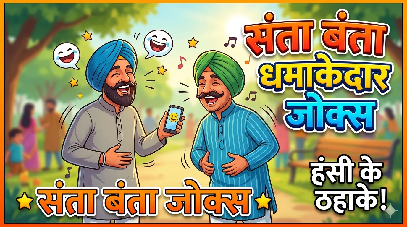 Santa Banta funny jokes thumbnail with cartoon characters laughing and Hindi
