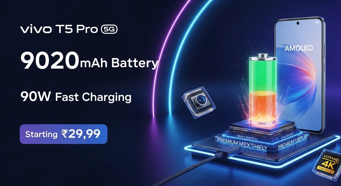 Vivo T5 Pro 5G smartphone with 9020mAh battery, 90W fast charging and ₹29,999 price highlight