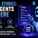 Futuristic AI robot using Solana blockchain for crypto payments and digital tasks in a cyberpunk city background.