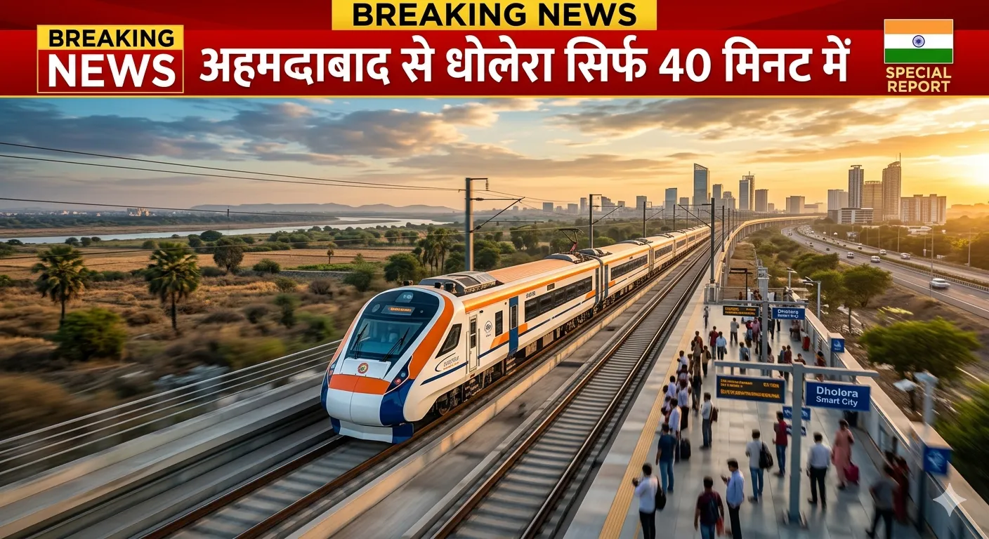 अहमदाबाद से धोलेरा के बीच चलने वाली 200 KM/H स्पीड की सेमी हाई-स्पीड ट्रेन का AI जनरेटेड दृश्य