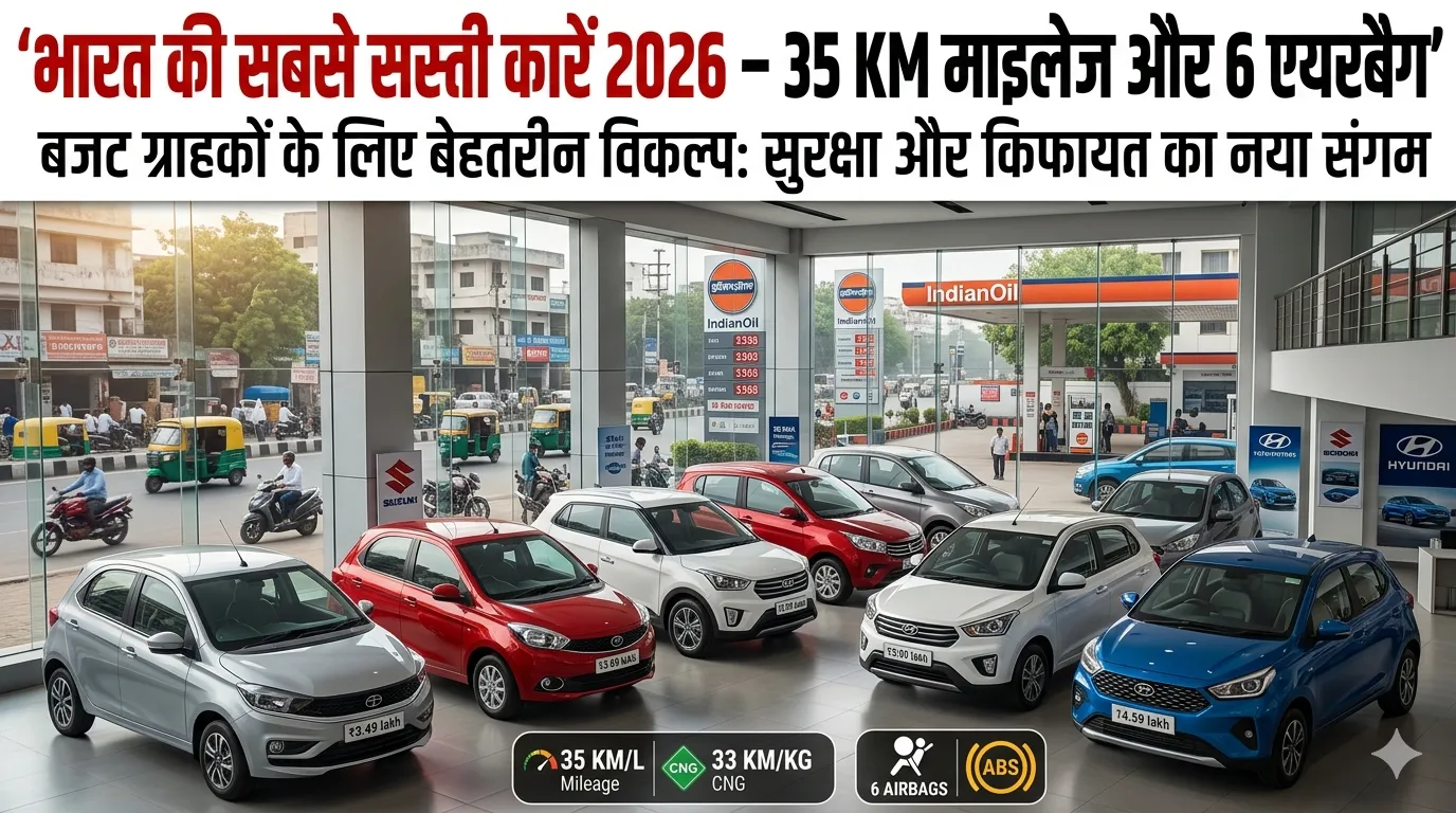 भारत की सबसे सस्ती कारें 2026 की लिस्ट जिसमें Alto K10, S-Presso, Celerio और Tiago कारें दिखाई गई हैं, साथ में माइलेज और कीमत का तुलना चार्ट