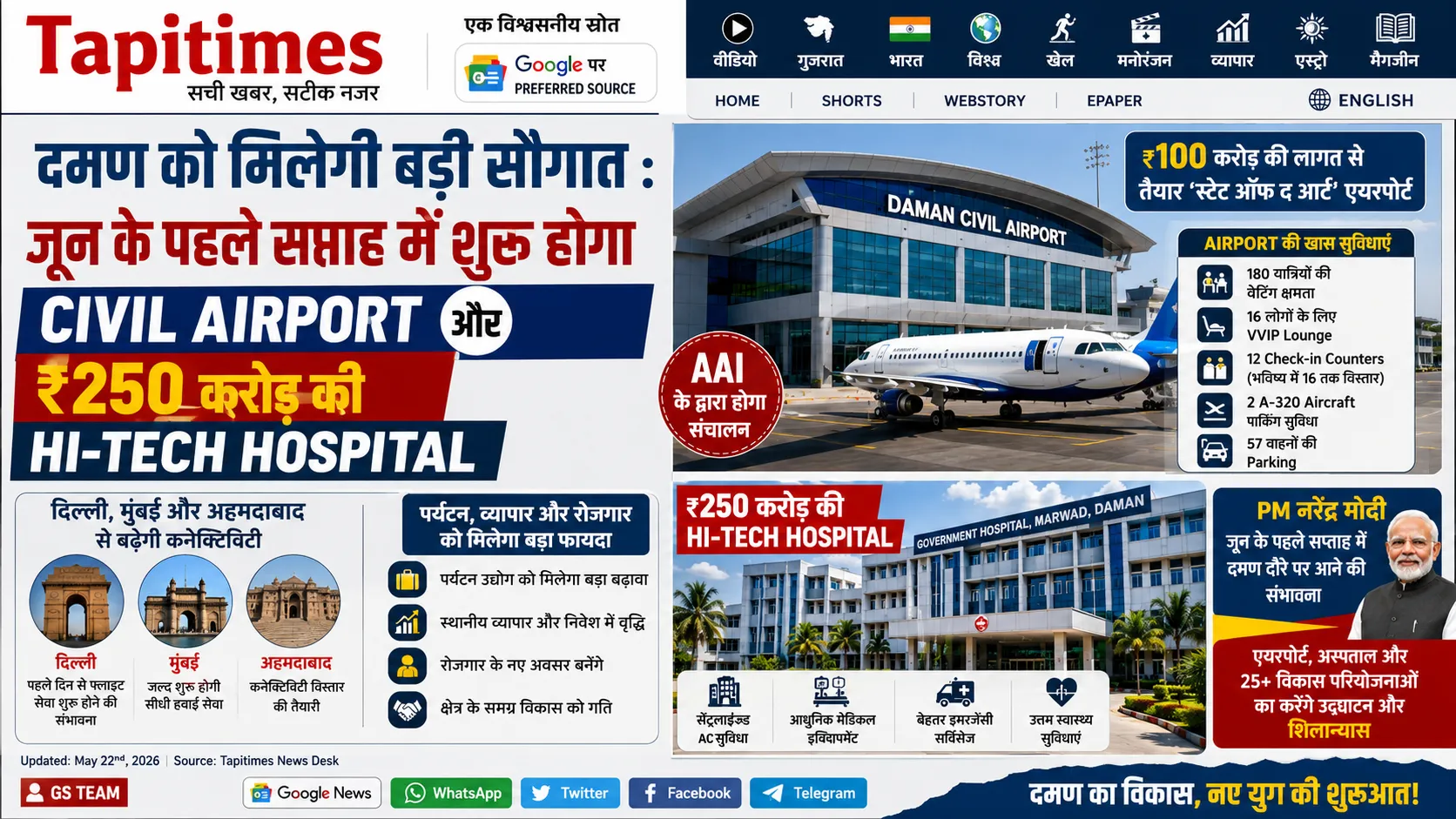 Daman New Civil Airport and ₹250 Crore Hi-Tech Hospital inauguration news poster with Tapitimes branding