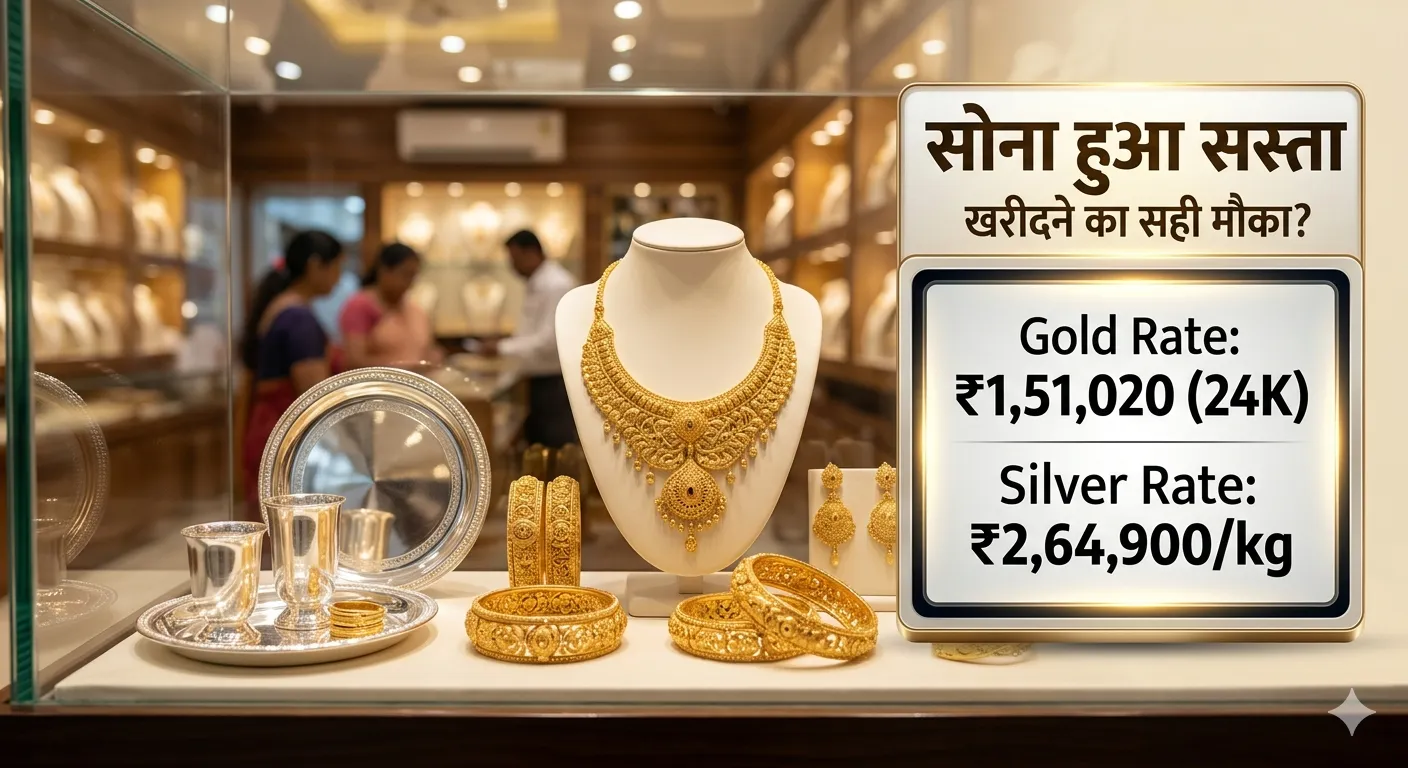 भारत में आज सोना और चांदी के ताजा भाव, ज्वेलरी शॉप में गोल्ड और सिल्वर आभूषण के साथ रेट ₹1,51,020 और ₹2,64,900 दिखाते हुए