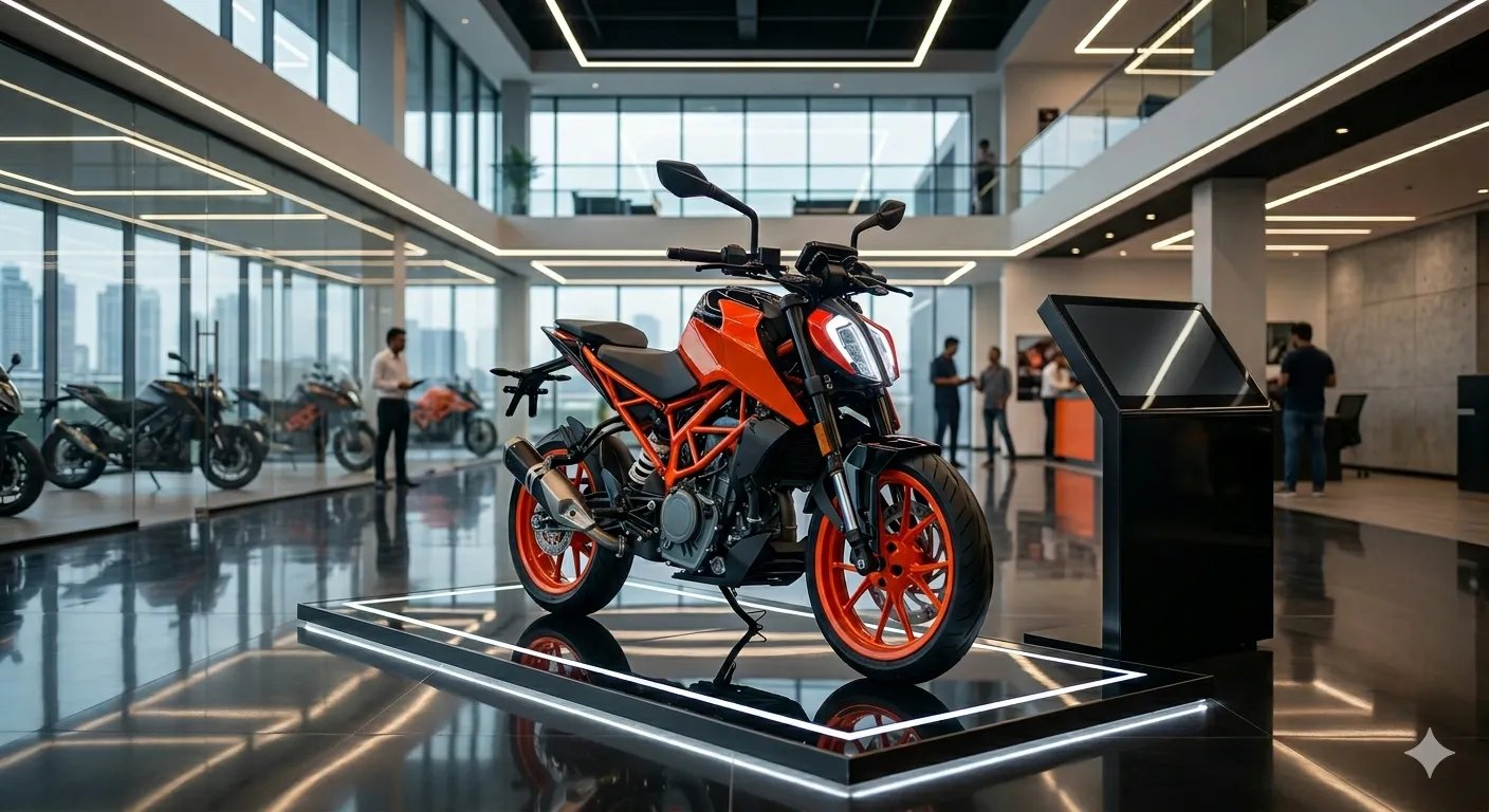 नई 350cc स्ट्रीटफाइटर बाइक एक प्रीमियम मॉडर्न शोरूम के अंदर खड़ी दिखाई दे रही है, जिसमें LED लाइटिंग और ग्लॉसी फ्लोर के साथ बाइक का अग्रेसिव डिजाइन हाइलाइट हो रहा है और पास में हिंदी में कीमत और माइलेज की जानकारी लिखी हुई है।