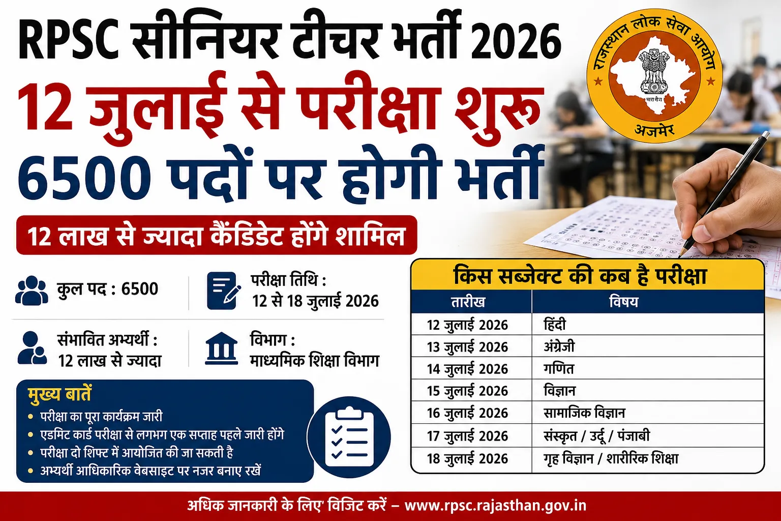RPSC सीनियर टीचर भर्ती 2026 की परीक्षा तिथि और 6500 पदों की जानकारी वाला हिंदी न्यूज़ पोस्टर