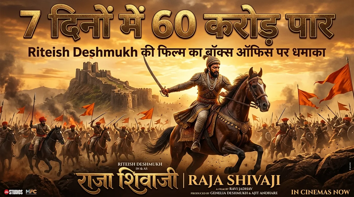 Raja Shivaji’ movie box office collection poster showing a royal warrior king with ₹60 crore collection headline in Hindi