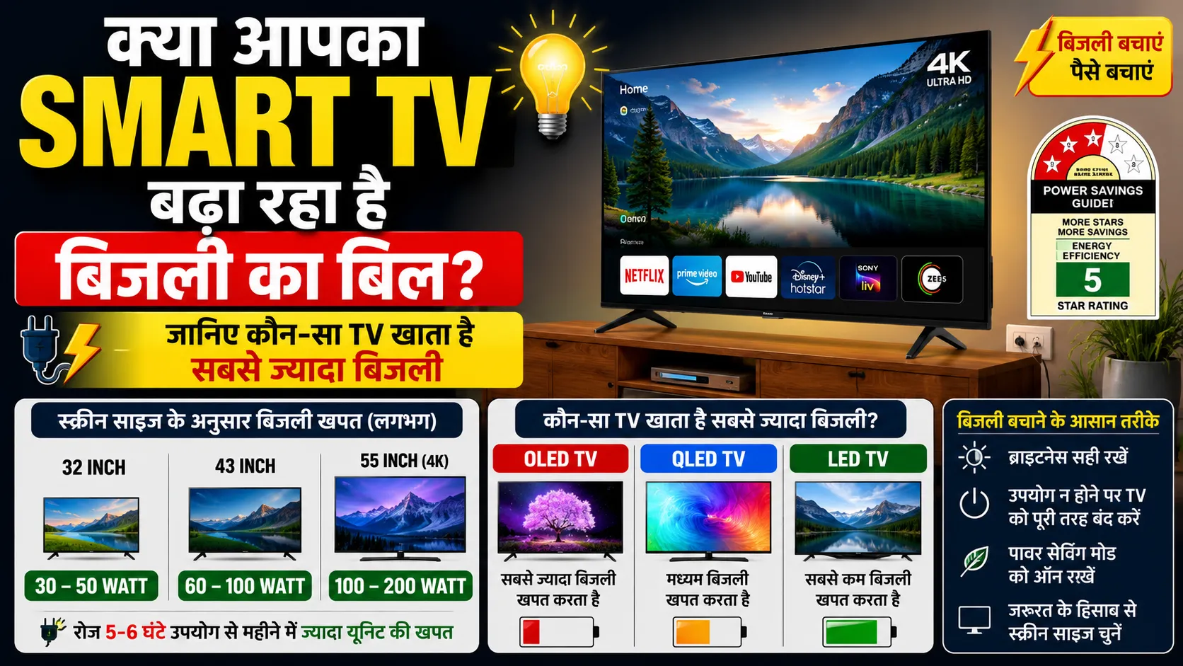 बिजली बिल और Smart TV के बढ़ते पावर कंजम्प्शन को दिखाता हिंदी न्यूज थंबनेल, जिसमें LED, OLED और QLED TV की बिजली खपत की तुलना दिखाई गई है।