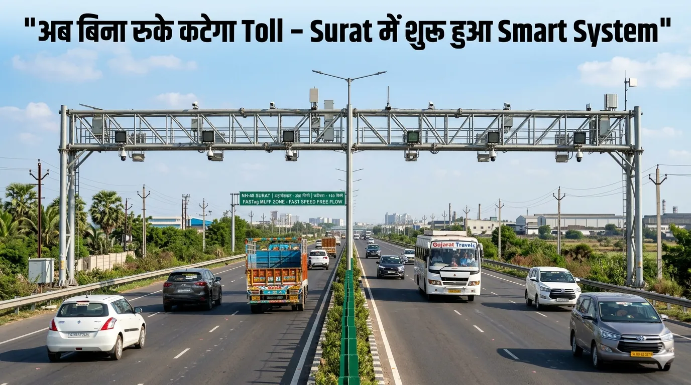 Surat NH-48 पर लगा हुआ Barrierless Toll System gantry जहां FASTag से automatic toll collection हो रहा है