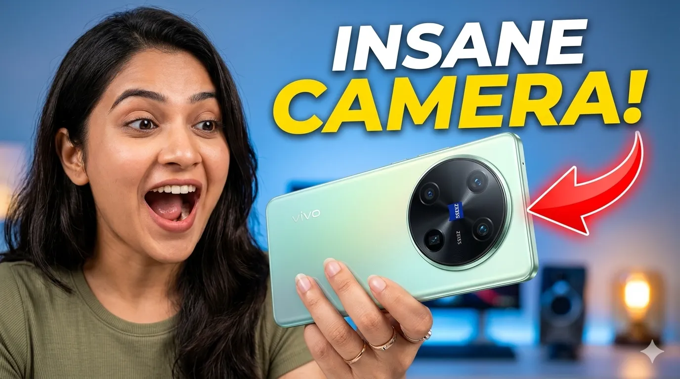 Vivo X300 FE smartphone का क्लोज़-अप व्यू जिसमें बड़ा round camera module (ZEISS Camera) दिख रहा है, एक महिला इसे हाथ में पकड़कर excited reaction दे रही है, साथ में “INSANE CAMERA” टेक्स्ट और red arrow कैमरा की ओर इशारा कर रहा है।