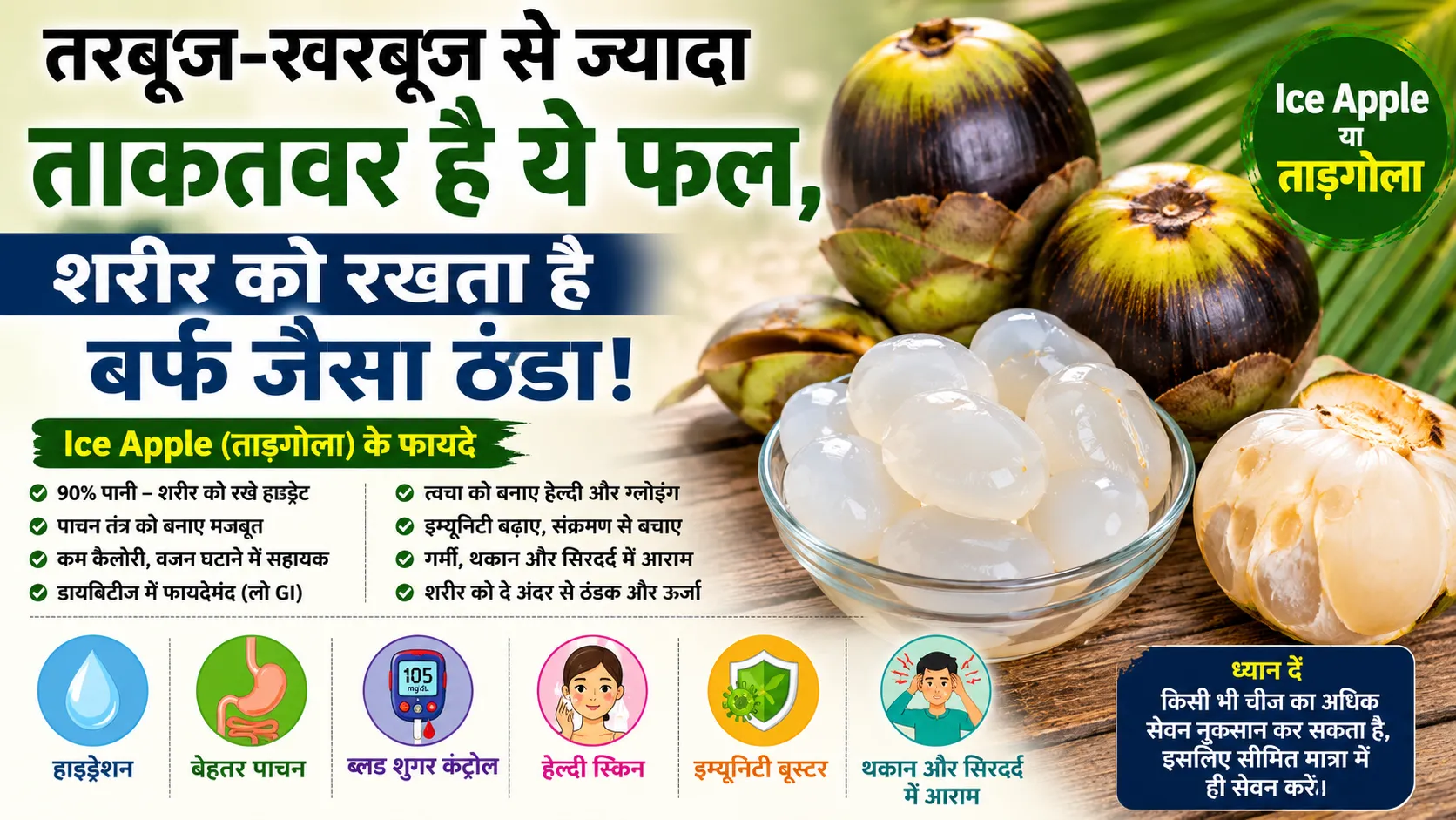 Ice Apple यानी ताड़गोला के स्वास्थ्य लाभ दिखाता हिंदी हेल्थ न्यूज थंबनेल, जिसमें गर्मी में शरीर को ठंडा और हाइड्रेट रखने की जानकारी दी गई है।