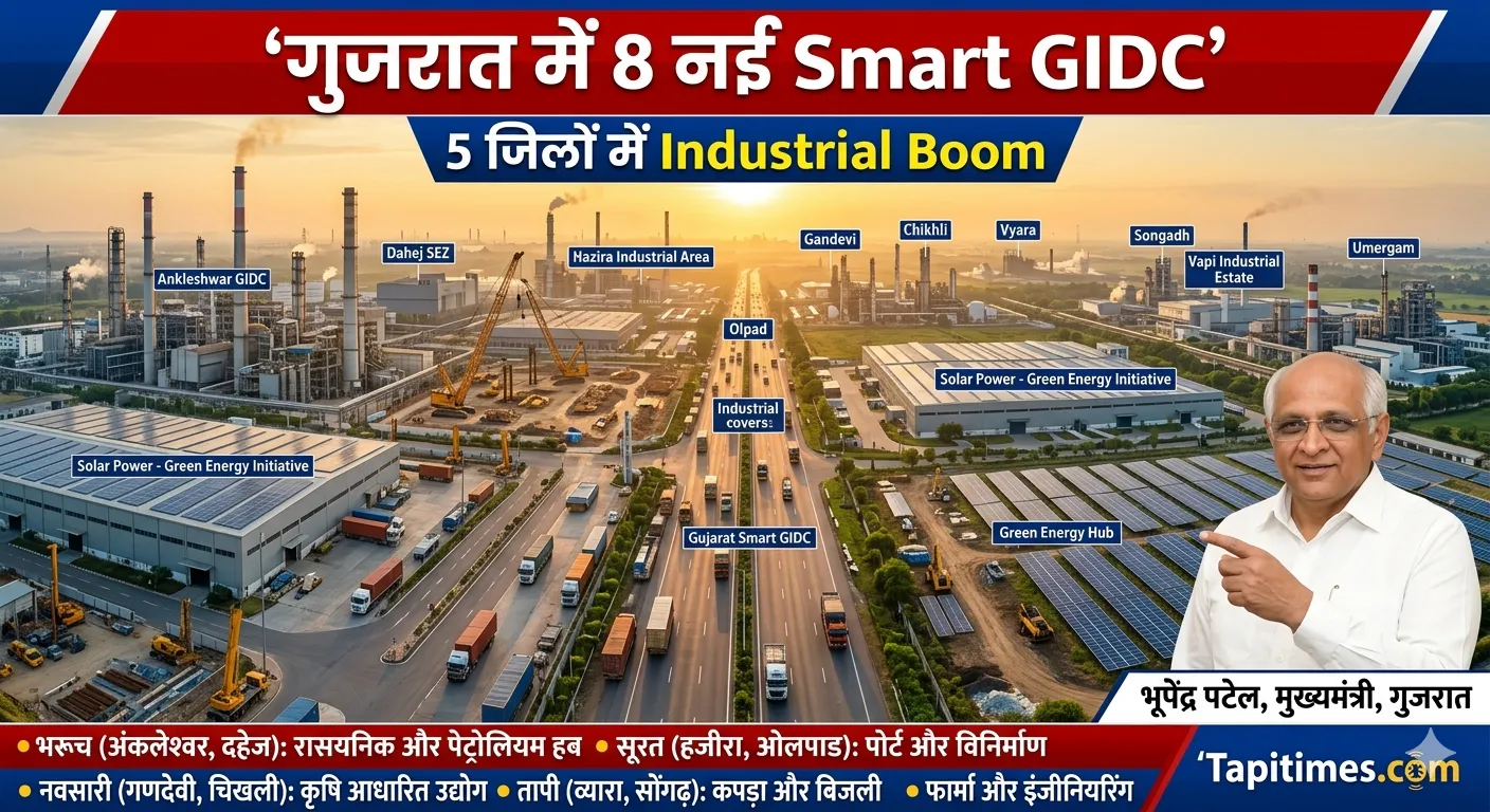 गुजरात के Bharuch, Surat, Navsari, Tapi और Valsad में बनने वाली 8 नई Smart GIDC का industrial दृश्य, साथ में Bhupendra Patel”