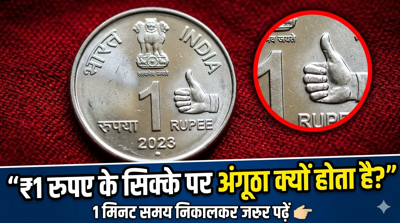 ₹1 के सिक्के पर बना Thumb Symbol दिखाता हुआ भारतीय कॉइन का क्लोजअप